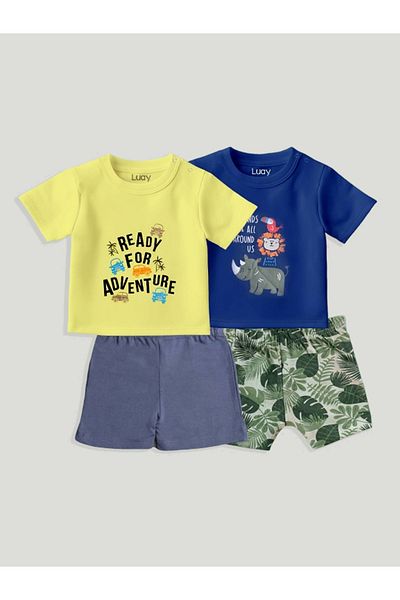luay Unisex Cotton Blue & Yellow T-Shirt Set: Bright and Comfortable Kids Casual Wear (PO2) 0-3 M
