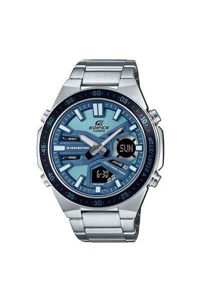 Casio ساعة إيديفيس للرجال، فضية، تناظرية/رقمية، حزام من الفولاذ المقاوم للصدأ، مينا زرقاء - EFV-C110D-2AVDF
