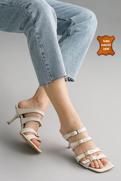 Mio Gusto Ingrid din piele naturală culoare bej papuci de damă pantofi cu toc
