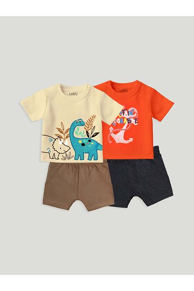luay Unisex Cotton Red & Beige T-Shirt Set: Bright and Comfortable Kids Casual Wear (PO2) 6-9 M