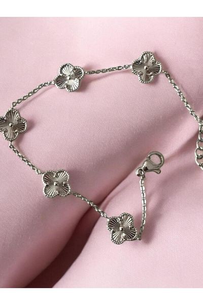 Merand Crom Silver Colored 5-Piece Double-Sided Clover Steel Chain Bracelet