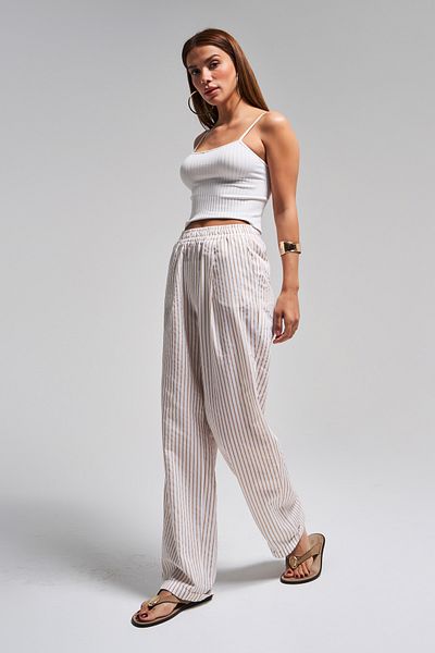 its basic Women's Coffee Ecru Striped Color S5-57 Relaxed Cut Cotton Fabric Elastic Waist Trousers