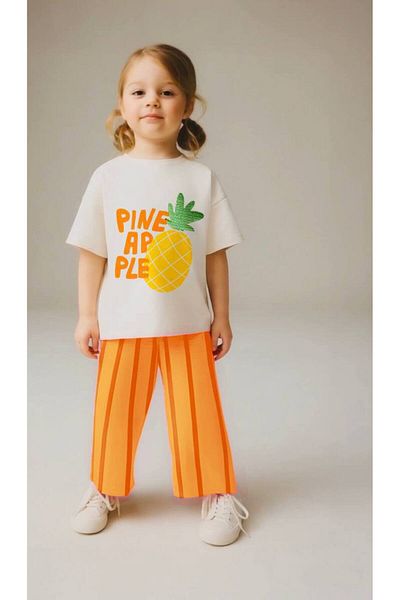 anonim Unisex Kids Cotton Ecru Pineapple Slogan T-Shirt and Striped Bermuda Bottom Top Set