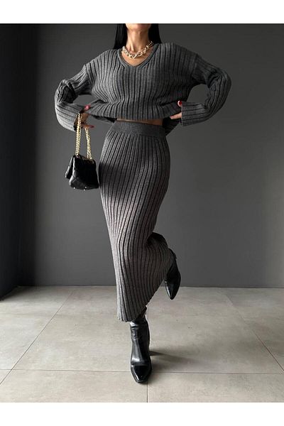 NZL TEKSTİL Dgn's''Teacher Collection'' 2-Piece Sweater-Skirt Set with Collar