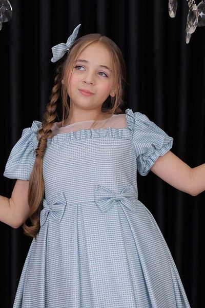 Riccotarz Girl's Square Collar Transparent Tulle Glitter Blue Evening Dress with Ruffled Shoulders and Bow Detail at the Waist