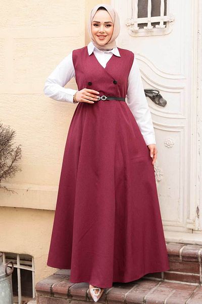 N.S NEVA STYLE Burgundy Hijab Gilet Dress 30284Br