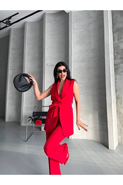 Bella Breeze Kadın Şal Yaka Kuşaklı Yelekli Palazzo Pantolonlu Takım Elbise