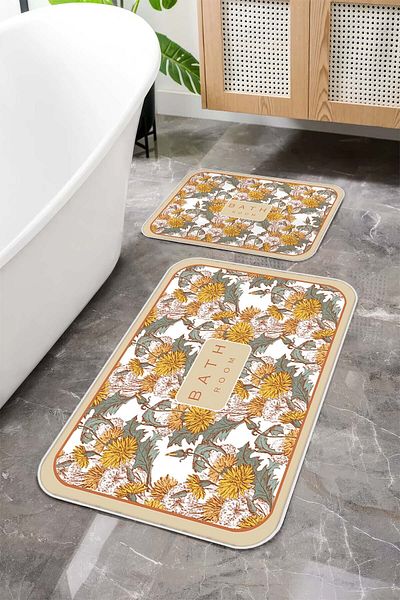 Argento Machine Washable Non-Slip Base Ecru Flower Patterned 2-Piece Bath Mat Set 60X90+40X60