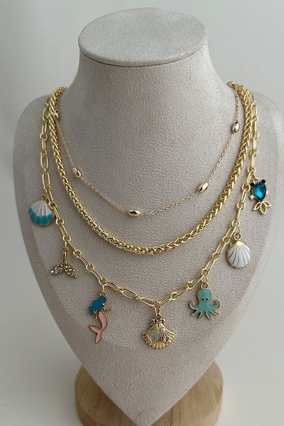 Modex Gold Color D.Shell Fish Tail Figured Multiple Necklace (42-40-38)