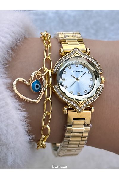 Chaperone Bridal Watch, Silver Stone, Yellow Color Steel Cord, 2 Years Warranty, Bracelet Gift