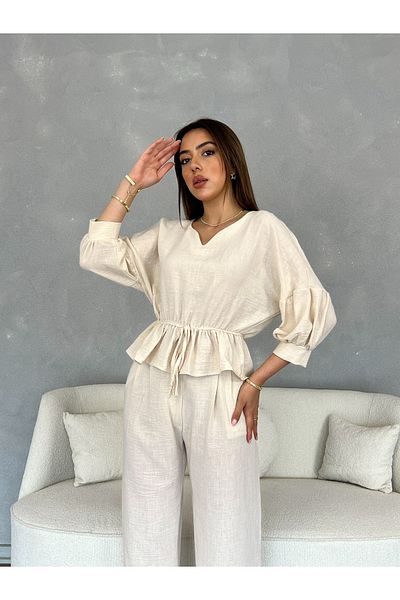 Nesil Women's Linen Suit with Pleated Pants and Half Sleeves