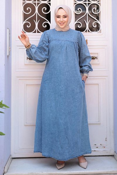 N.S NEVA STYLE Μπλε Hijab Τζιν Φόρεμα 19148M