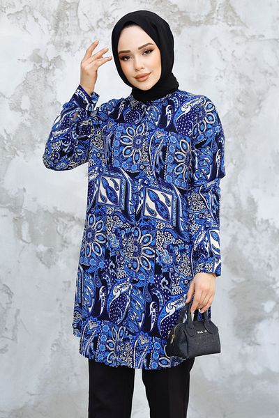 Neva Style تونيك حجاب منقوش باللون الأزرق الساكس - 11725SX