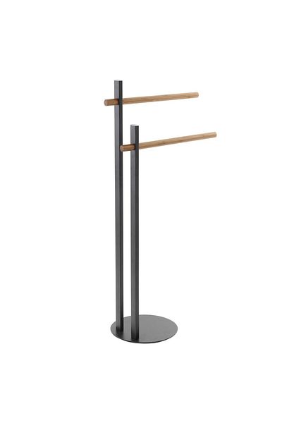 Feridras Towel rack, black, made of chromed steel and with 2 bamboo arms, h 80.5cm