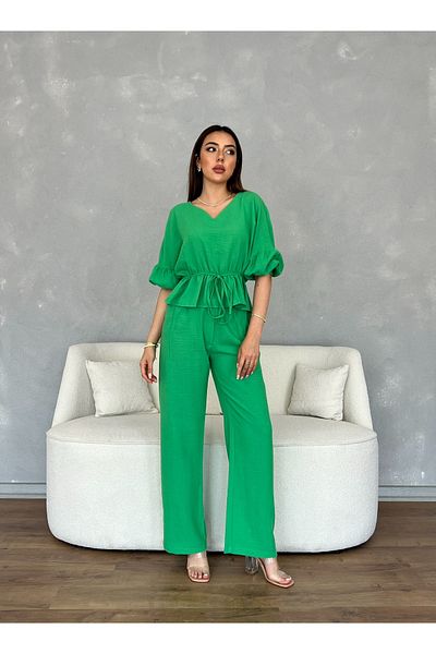 Nesil Women's Linen Suit with Pleated Pants and Half Sleeves