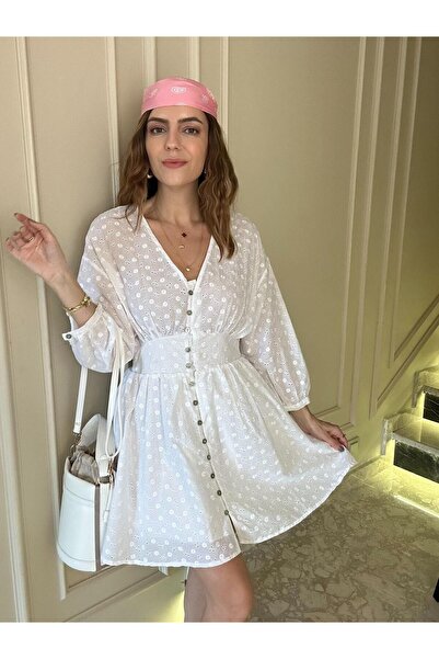 Chamakh Önü Düğmeli Altı Astarlı Fisto Mini Elbise