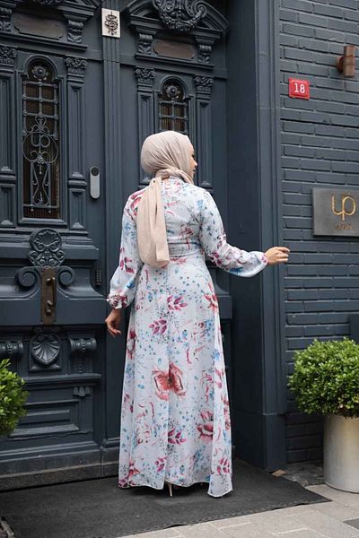 Neva Style Rochie hijab gri cu modele florale 27963GR