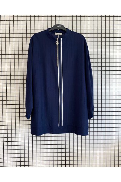 Armine Trend Stripe Detailed Collar Zippered Strawberry Fabric Summer Tunic