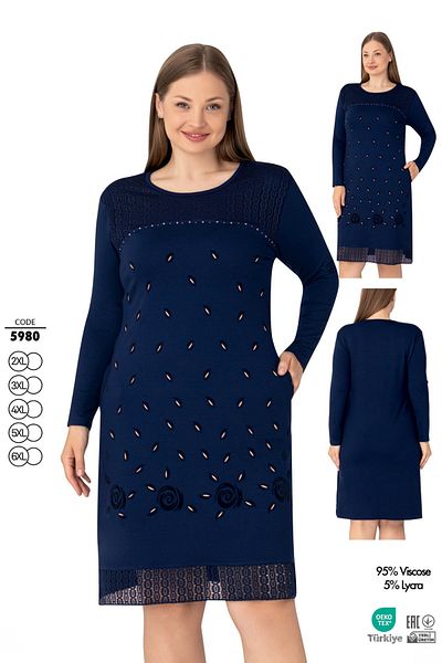 ROMEO LİFE Women's Plus Size Lycra Viscose Fabric Embroidered Long Sleeve Dress 5980