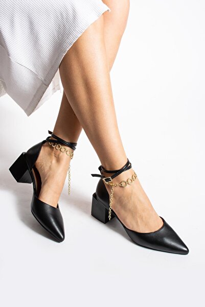 FOLLİNİ Γυναικεία δερμάτινα παπούτσια με λεπτομέρεια αξεσουάρ με τακούνι μαύρο