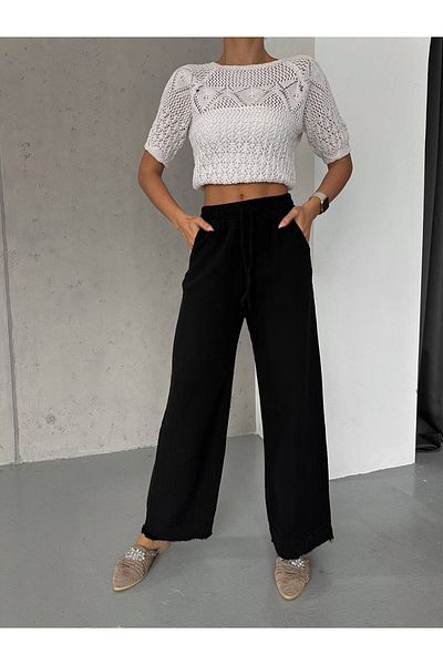SEVENLINE Women's Linen Blended Loose Cut Trousers with Elastic Waist and Pocket Detail