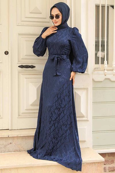 Neva Style Navy Blue Patterned Hijab Dress - 23272L