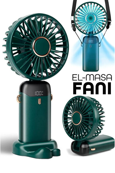 ByKurt LCD Ekranlı Şarjlı El Fanı Mini Vantilatör 5 Kademe Sessiz Boyun Askılı Yeşil Fan