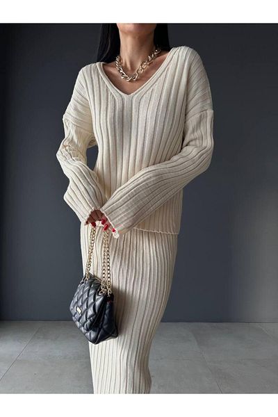 NZL TEKSTİL Dgn's''Teacher Collection'' 2-Piece Sweater-Skirt Set with Collar
