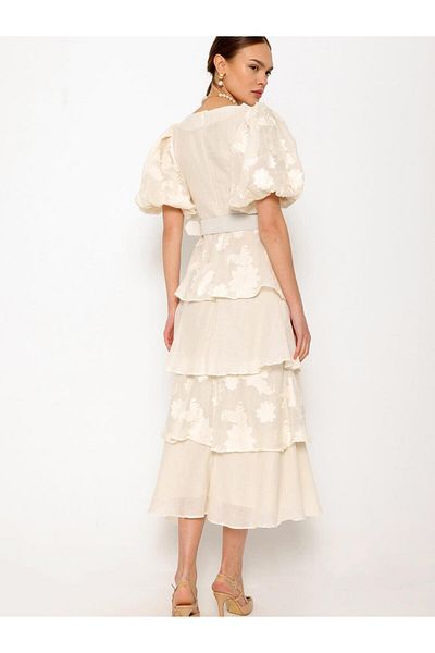 Coral Beige Balloon Sleeve Layered Dress