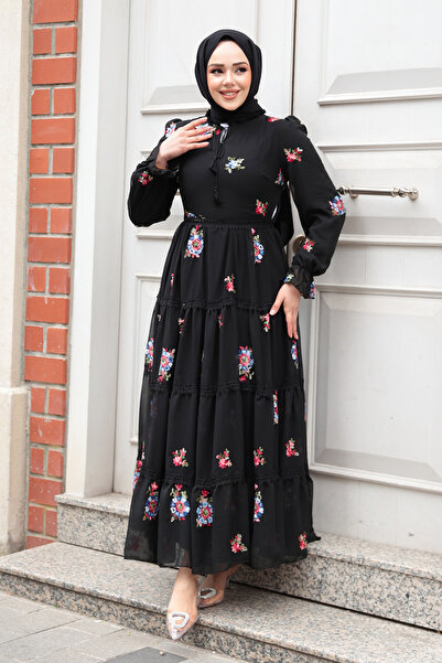 Neva Style Rochie neagră cu hijab cu imprimeu floral 32816S