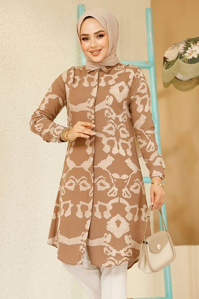 Neva Style سترة حجاب بنية منقوشة - 11685KH