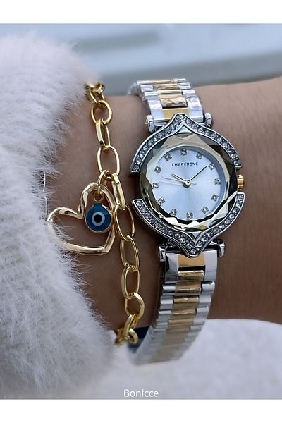 Chaperone Bridal Watch, Silver Stone, Silver Yellow Color Steel Cord, 2 Years Warranty, Bracelet Gift