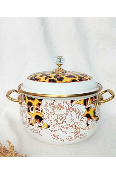 EBRULİEMAYE Leopard Lux Enameled Pot 4 Liter 22 cm Diameter Milk Yogurt Soup Stove Pot