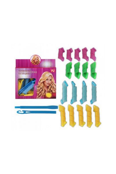OEM Set of 18 spiral curlers, 2 hair hooks, flexible, multicolor
