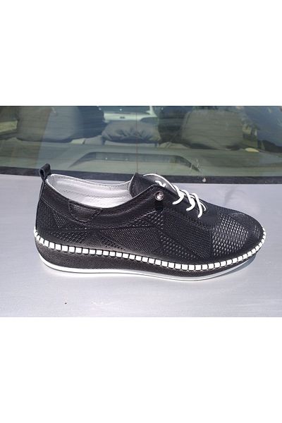 Ata 04 Black and White Genuine Leather Carik Balerina Rubber Lace-Up Orthopedic Women's Shoes