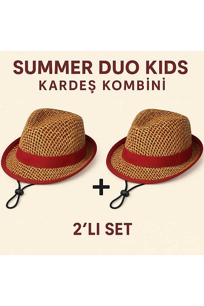 Avantaj Kapıda Kardeş Kombini Set 2 Li Summer Duo Kids Summer Straw Children's Hat |   Non-Sweating Beach/Picnic 3-10 Years