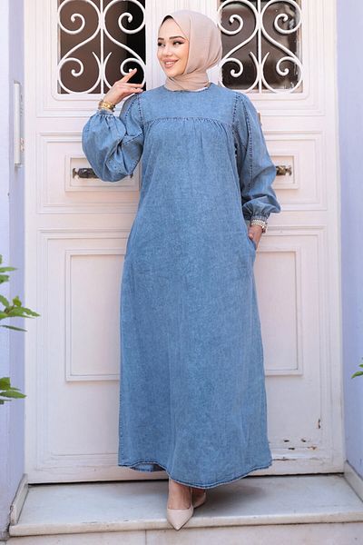N.S NEVA STYLE Μπλε Hijab Τζιν Φόρεμα 19148M