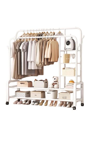 Generic Two-tier iron clothes rack with four shelves and wheels