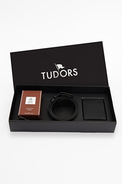 Tudors Özel Kutulu Erkek 3'lü Set Hediyelik - Çeyizlik Parfüm, Hakiki Deri Kemer Ve Cüzdan Seti