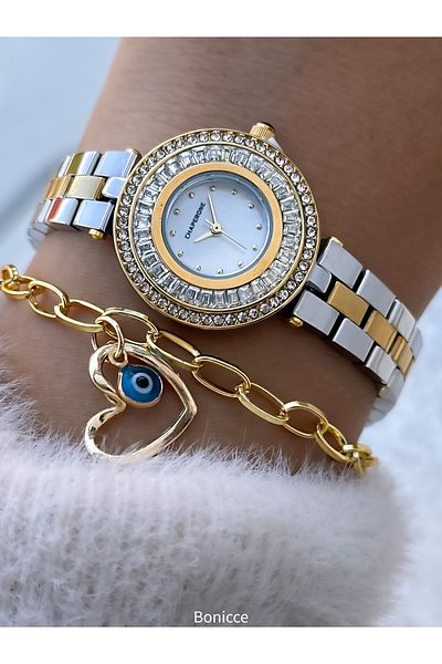 Chaperone Bridal Watch, Silver Yellow Crystal Stone, Yellow Color Steel Cord, 2 Years Warranty, Bracelet Gift
