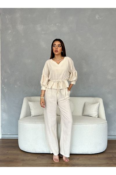 Nesil Women's Linen Suit with Pleated Pants and Half Sleeves