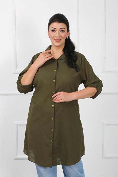 By Alba Collection Women's Khaki Linen Plus Size Tunic