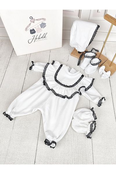 Hobidik White Jumpsuit - Black Guipure Detailed