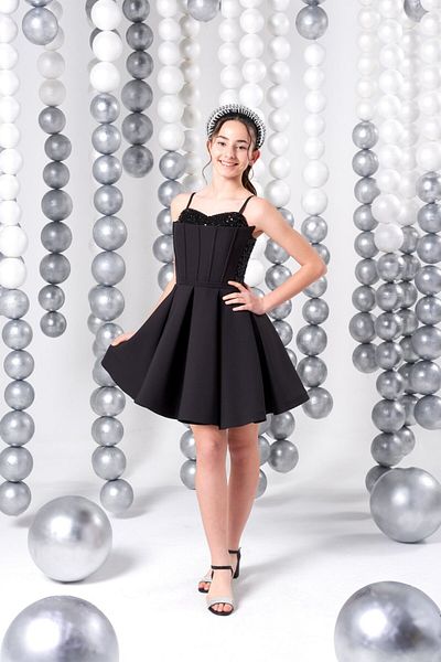 SIRRI Girls' Black Graduation and Special Occasion Evening Dress - Corset Look, Sequin Embroidery – Ages 10-15