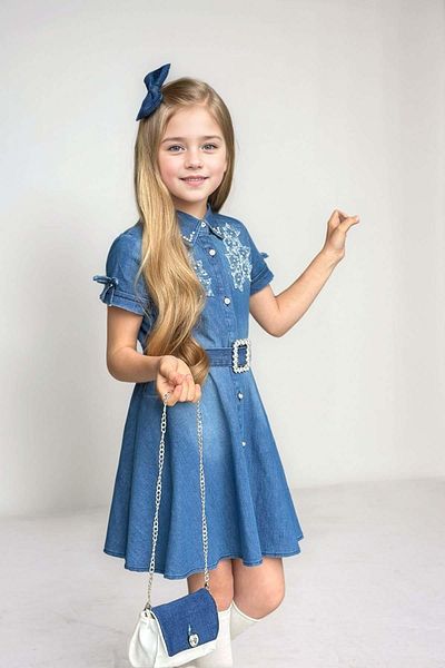Riccotarz Girls' Blue Denim Dress with Pearl Star Embroidery on Shirt Collar Stone Buttons