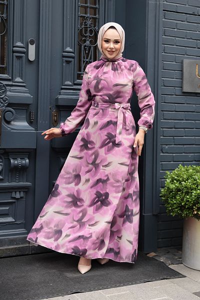 Neva Style Floral Patterned Dusty Rose Hijab Dress 279906 Gk