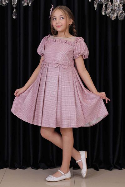 Riccotarz Girl's Square Neck Transparent Tulle Glittery Pink Evening Dress with Ruffled Shoulders and Bow Detail at the Waist