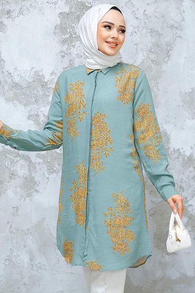 Neva Style تونيك حجاب منقوش باللون الأخضر - 11720CY