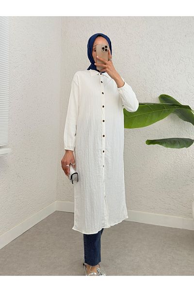 Modamorfo Long Crinkle Tunic with Buttons and Elastic Sleeves - White