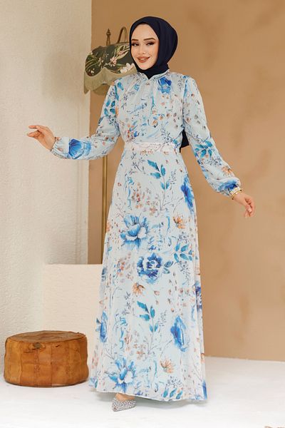 Neva Style فستان حجاب فيروزي منقوش بالزهور 27963TR